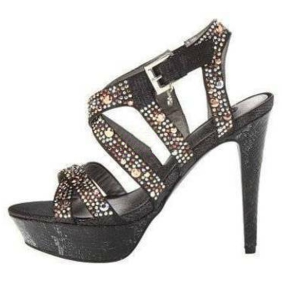 Womens Platform Heels Guess Black 9.5 Metallic Gold Studded Fx Leather Sandals - Picture 3 of 7